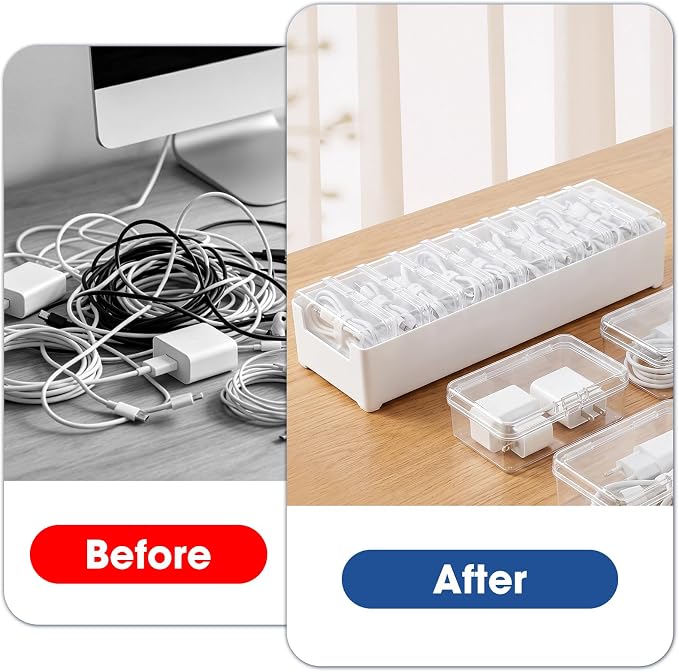 ARVOK 2 Sets Cable Cord Organizer Box with 20 Adjustable Compartments | Cable Storage Box with Lid，Solution for Cable Chaos Charger Cables, Organizer for Home Office Desk Organizers and Accessories - Image 7