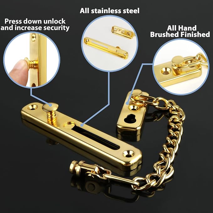 Alise Door Chain Lock Gold,Door Security Chain Lock for Inside Door,1 Pack | Stainless Steel,Door Chain Lock Guard with Spring Anti-Theft Press Button,Door Lock Latch for Front Door - Image 3