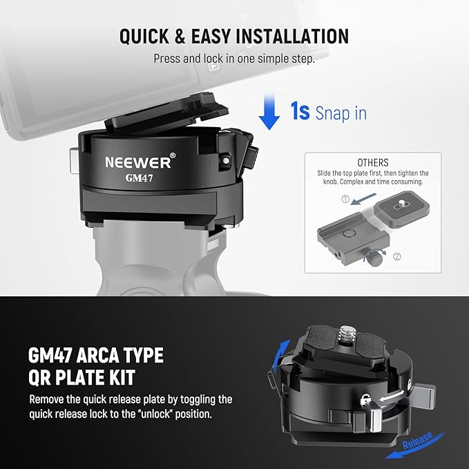 NEEWER GM47 Quick Release Plate Kit, Quick Switch Auto Lock Square | QR Camera Tripod Mount Plate & Clamp Base, Compatible with DJI Ronin RS 4 Pro RS 3 RS 2, Compatible with PD - Image 4