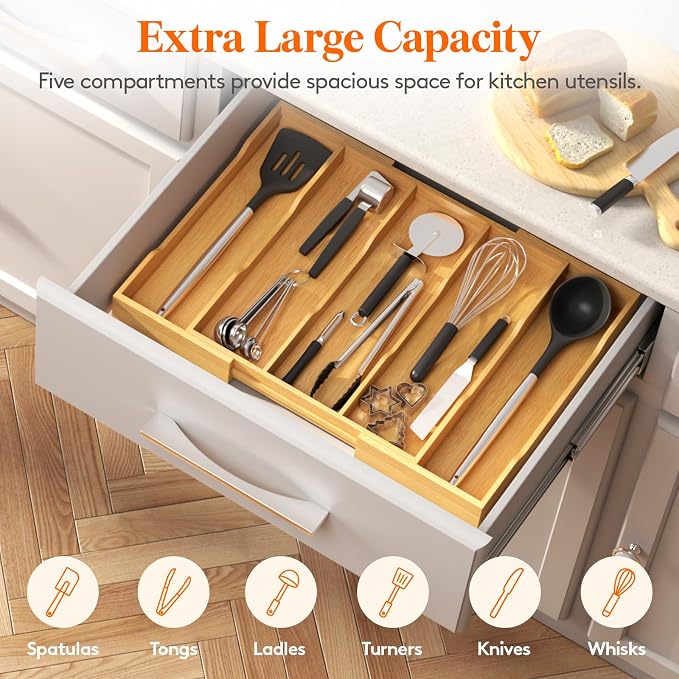 Lifewit Bamboo Utensil Organizer for Kitchen Drawer, Cooking Utensil Tray | Expandable Cutlery Silverware Flatware Holder, Wood Adjustable Spatula Tools Storage Divider, 12.6-22.8 x 14", Natural - Image 5