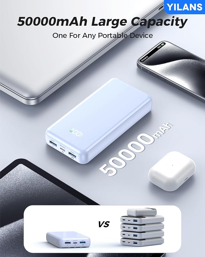 YILANS Portable Charger 50000mAh, 22.5W Power Bank with Built-in 4 Cables | Charges 6 Devices, Fast Charging Travel Essential, External Battery Phone Pack for iPhone 17-12, for Samsung/Android/iPad - Image 4