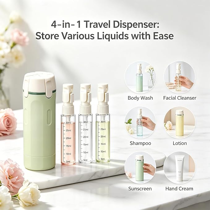 4 in 1 Travel Dispenser Bottle, One-Press No Squeeze Toiletries Set | TSA Approved 4x30ML Leakproof Travel Containers, Refillable Shampoo Lotion Bottles with Labels & Scale, Cream 1White - Image 8
