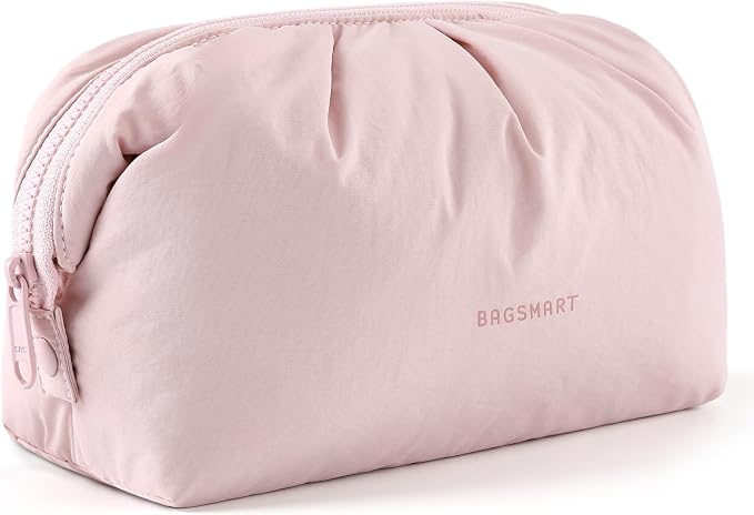 BAGSMART Makeup Bag Travel Toiletry Bag, Cute Make Up Bag, Large Capacity Cosmetic Bags for Women, Wide-open Makeup Pouch Travel Essentials Toiletries Accessories Brushes (Pink) by BAGSMART