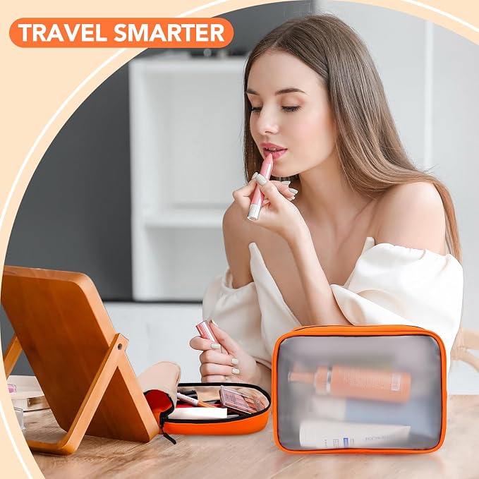 5-Piece Travel Toiletry Bag for Women, Organize Toiletries & Cosmetics | Personal Travel Essentials, with Hanging Toiletry Bag, Clear Cosmetic Bag, Makeup Bag, Jewelry Case & Cable Pouch- Orange - Image 5