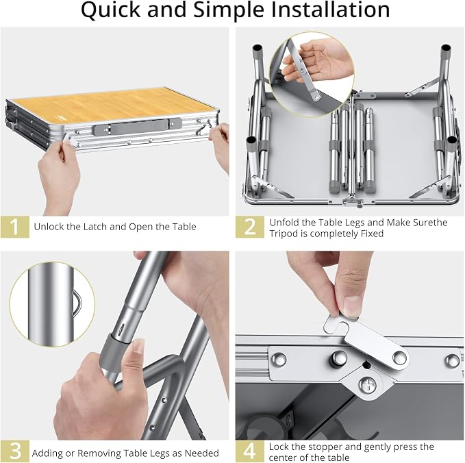 Anbte 2ft Camping Folding Table, 3 Adjustable Heights High 27.5", 24" x 16" | Aluminum Small Folding Table with Storage Net, Portable, For Outdoor Indoor Picnic Beach BBQ RV Travel Camp, Light Oak Grain - Image 9