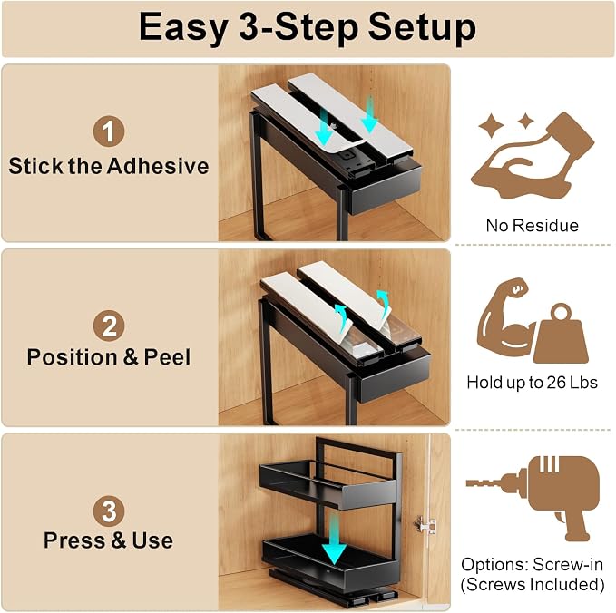 Vertical Spice Rack Pull Out - 1 Pack Rotate No-Drill Slide Out Spice Rack for Cabinet Swivel Easy Access Spices, Adjust Height for 4oz to 8oz Spice Jars Inside Kitchen Pantry Cabinet, Black - Image 5