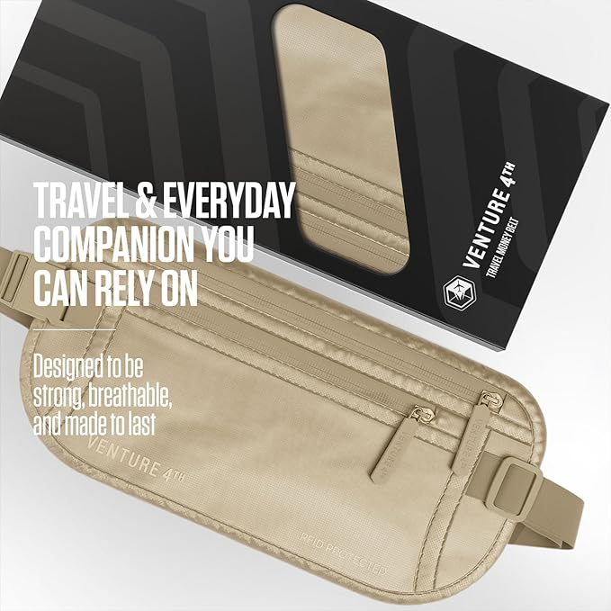 VENTURE 4TH Travel Money Belt, RFID Blocking Passport Holder - Sleek Beige - Image 4