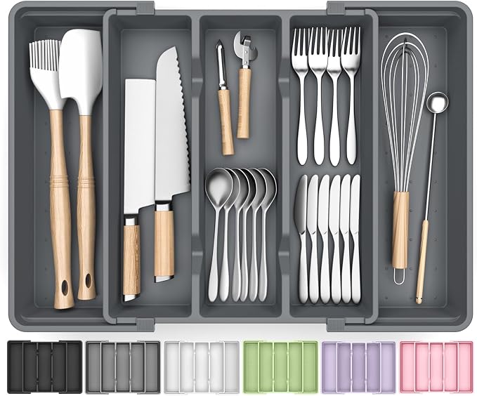 Large Expandable Silverware Drawer Organizer, Utensil Tray | Kitchen Drawer Organizer for Spoons/Forks/Knives, Multipurpose & BPA Free Cutlery Tray(1 Pack, Gray) by Unknown