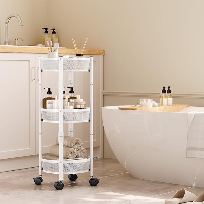 TOOLF 3 Tier Foldable Rolling Cart, Metal Utility Storage Cart, White | Assembly-Free, Lockable Wheels, Round Trolley Organizer for Bathroom, Kitchen, Office, Dorm, Laundry, Craft Room - Image 7