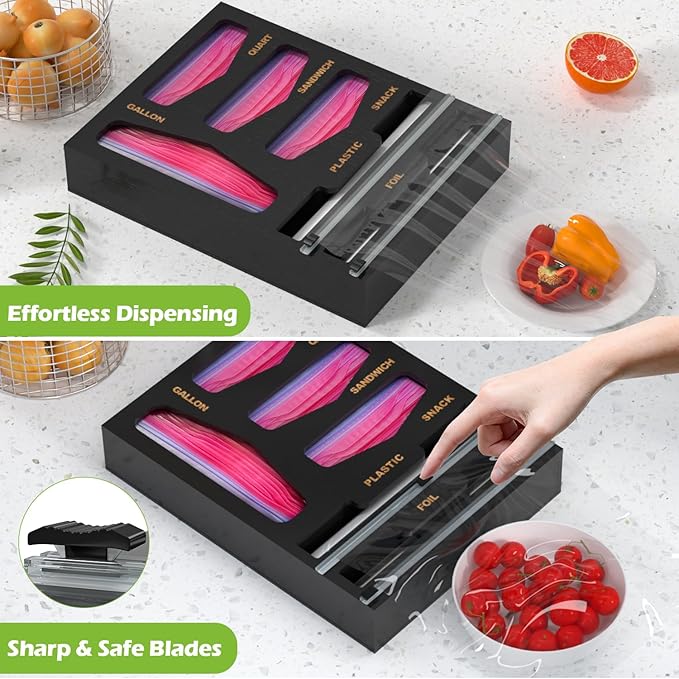 6 in 1 Bag Organizer and Wrap Dispenser with Magnetic Lid - Plastic Wrap Dispenser with Cutter for Kitchen Drawer, Storage for Gallon, Quart, Sandwich, Snack Bags, and Foil Black - Image 6