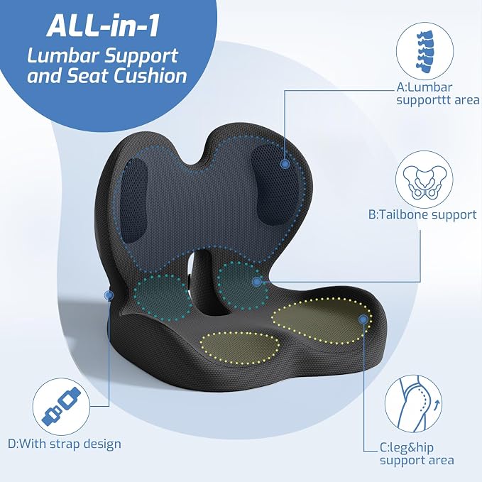 Seat Cushion,Memory Foam Chair Cushion for Office and Car,Ergonomic Coccyx Seat Cushion for Tailbone,Sciatic Nerve,Lower Back Pressure Relief,Lumbar Support Pilow for Office,Car,Truck,Desk Chair - Image 3