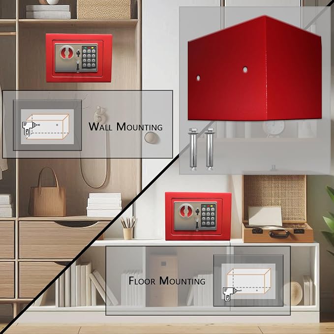 Yuanshikj Small Steel Security Safe Box with Keypad,Key;0.23 Cu Ft, Red | Electronic Digital Secure,9.1" W x 6.7" D x 6.7" H,Hidden for Home Dorm Apartment Hotel Office Cash Jewelry Storage - Image 3