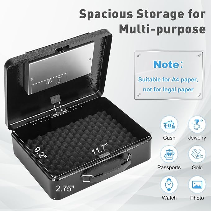 KYODOLED Safe Box with Digital Keypad Lock, Lock Box with Code for Personal Items, Metal Security Box for Cash, Passport, Jewelry, Ideal for Home, Office, Garage Sale, 11.8'' x 9.4'' x 3.5'', Black - Image 3