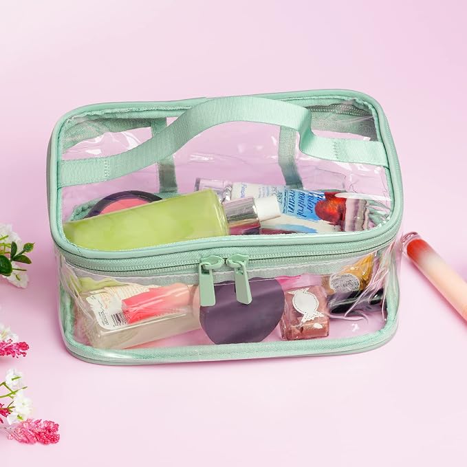 2 Pack Portable Clear Makeup Bag Zipper Waterproof Cosmetics Bag Transparent Storage Carry Pouch PVC Zippered Toiletry Bag Organizers With Handle for Vacation Travel Bathroom (Pink,Green) - Image 6