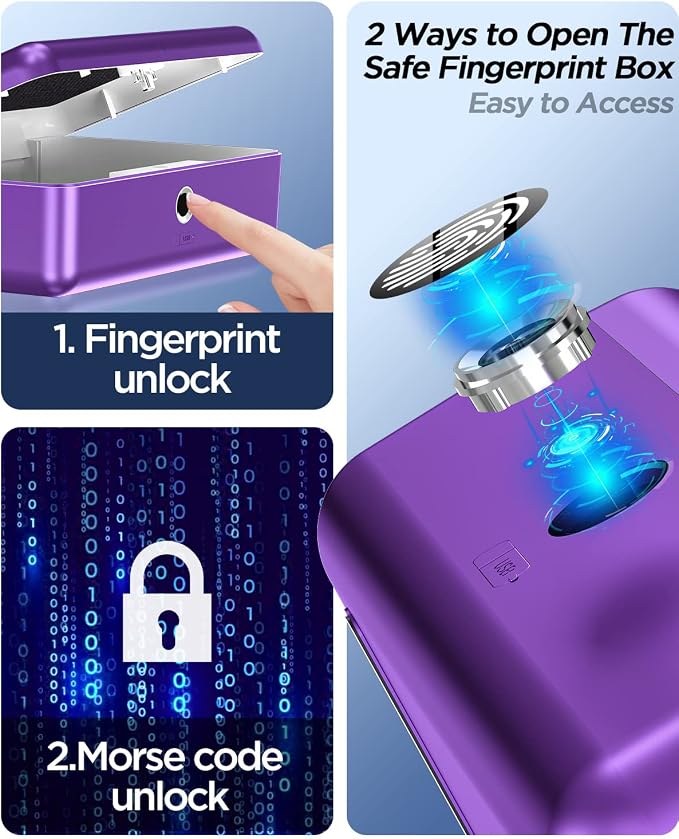 AICase Biometric Fingerprint Storage Box, Portable Cash Jewelry Security Lock Box Safe, Combination Lock for Car, Home, Office Travel - Image 2