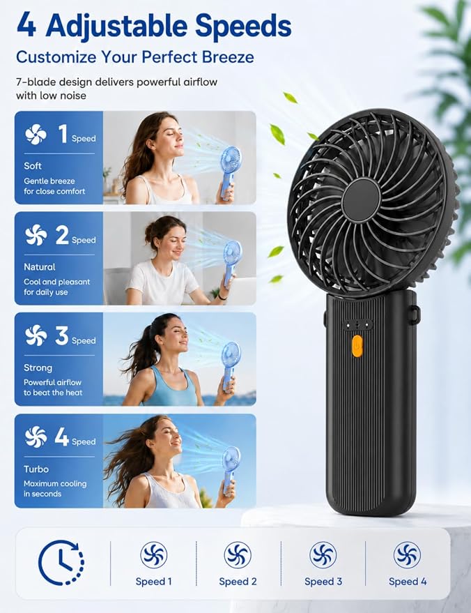 Portable Mini Fan, Quiet Foldable Fan with Lanyard (Black) | 4 Speeds, 15H Rechargeable Battery, Portable Pan for Travel, Home, Office, Outdoor, Makeup, Women, Men, Black - Image 2