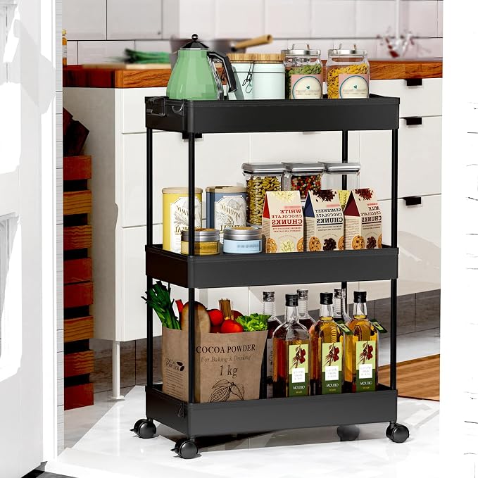SPACEKEEPER 3 Tier Rolling Cart, Bathroom Cart Organizer with Wheels, Black | Mobile Storage Cart for Laundry Room Organization,Kitchen,Office,Bathroom, Utility Cart for Snack,Craft,Art,Makeup,Nail,Toys - Image 8