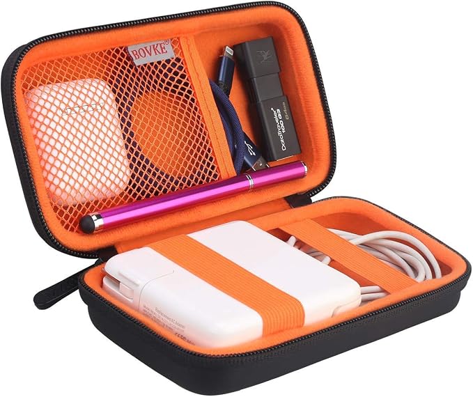 BOVKE PU Hard Travel Case for MacBook Air Pro Power Adapter Apple MagSafe 2 USB-C Charger - Extra Room for USB C Hub, Type C Hub, USB C Hub Multiport Adapter, Magic Mouse, Charging Cable, Black by BOVKE