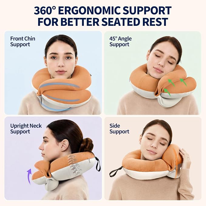 Travel Neck Pillows for Airplanes, Memory Foam 360° Head Support Sleep for Long Flight, Skin-Friendly & Breathable, Kit with Eye Mask, Earplugs and Storage Bag (Adult, Orange, 90+ lbs) - Image 2