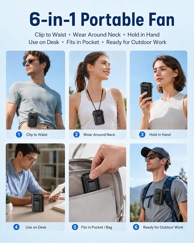 Portable Waist Fan, Ultra Lightweight Wearable Clip On Fan for Shirt, Mini Personal Neck Fan for Travel, Hands Free Belt Fan with Strong Airflow, Rechargeable Small Body Fan for Women & Men - Image 6