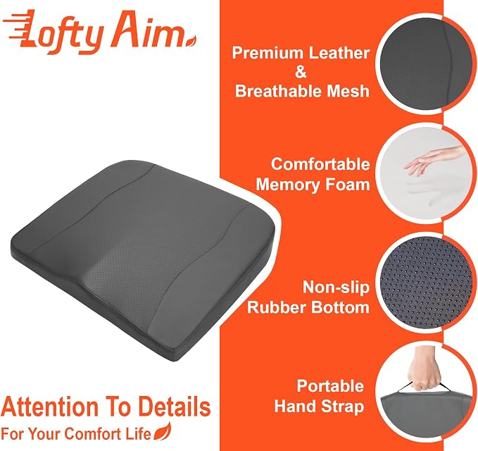 Lofty Aim Car Seat Cushion, Memory Foam Car Seat Cushions for Long Driving | Driver Seat Cushion Adds Height, Auto Seat Pillow for Sciatica Pain Relief, Butt Cushion for Car, Truck, PU Leather Gray - Image 6