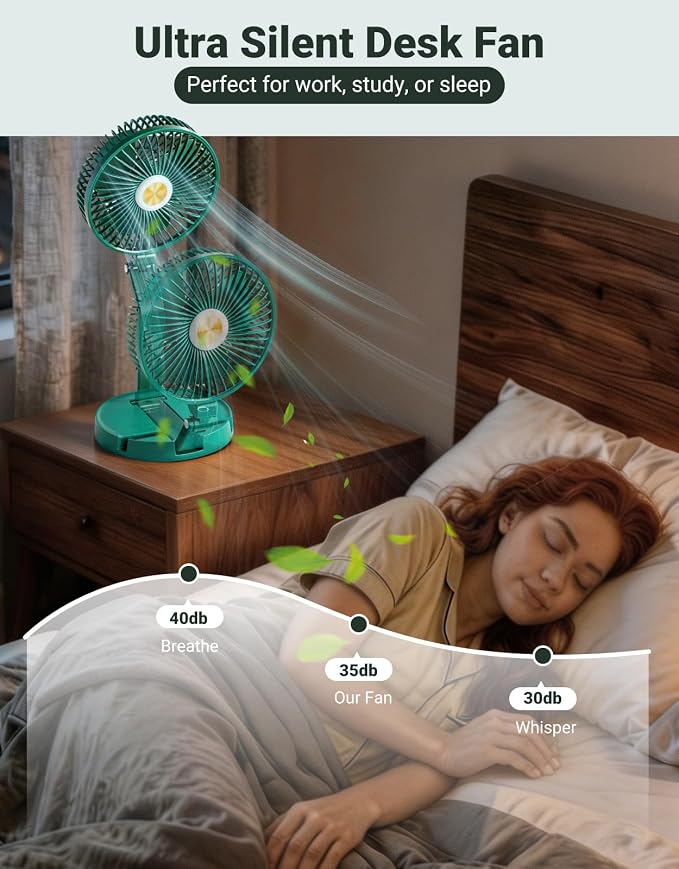 Portable Foldable Oscillating Fan, 6000mAh Battery Powered USB Rechargeable Fan, 16.1 Inches Wireless Desk Fan for Bedroom, Office, Camping and Travel, Green - Image 5