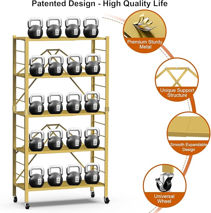 Himix 5-Tier Storage Shelf with Wheels Foldable Expandable Adjustable Gold | Folding shelving units, Metal collapsible organization, Changeable into 2 shelf units, Basement, Kitchen, Holds 2400 Ibs - Image 6