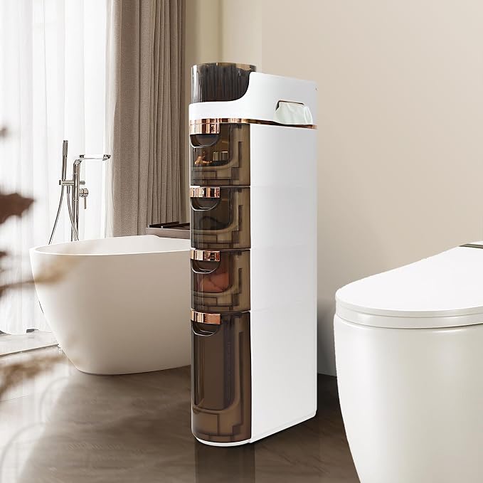 BGYMF 4-Tier Narrow Slim Bathroom Storage Cabinet,Movable,White | ABS and PP,with Wheels and Drawers,Large Storage Capacity,Water Resistant,Toilet Paper Holder,for Small Spaces by BlendGraceYieldMarvelousFurnishing