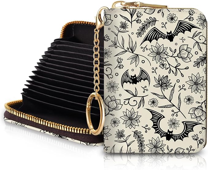 Blusabaca Goth Bat RFID Credit Card Holder, Small Women Travel Wallet | Vintage, Removable Keychain, Case Zipper, PU Leather, Cash Coin Pocket, Business Accordion Purse, Ladies Female Gift by Blusabaca
