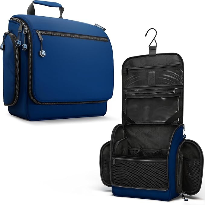 VENTURE 4TH Hanging Travel Toiletry Bag, 18 Compartments - Navy Blue | Hangs on rails, hooks or doors; stands upright. Removable TSA pouch. Water-resistant Nylon 290D Twill, reinforced stitching. by VENTURE4TH