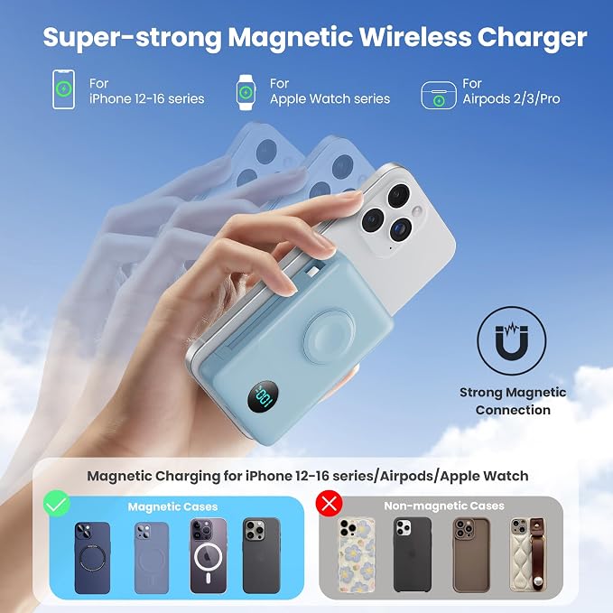 Magnetic Portable Charger 10800mAh with Built-in Cables,Wireless Power Bank,25W PD Fast Charging USB-C Travel Essentials Battery Pack for iPhone 17/16/15/14/13/12 Series,Apple Watch-Light Blue - Image 5