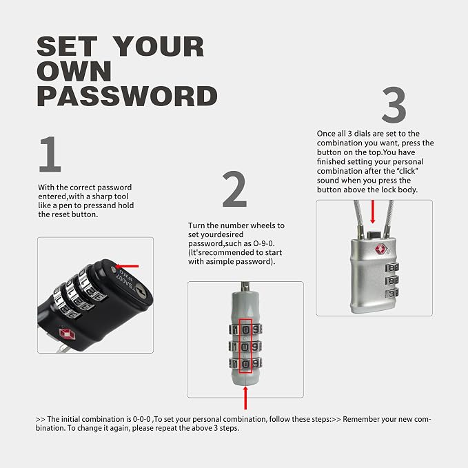 Luggage Locks TSA Approved, Small Padlock Combination with Cable, TSA Locks for Luggage, Combo Padlock with Code, for Travel Suitcase, Gym Locker, Gun Case, Backpack Zipper (Black+Silver) - Image 5