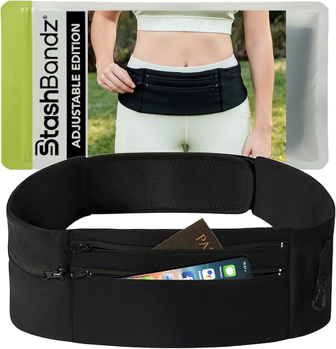 Running Belt Money Belt, 3 Large Zippered Pockets | Fanny Pack - Adjustable No-Bounce, 1 Waterproof Pocket, Water Bottle Holder, Key Clip, Fits Phone, Passport & More by Stashbandz