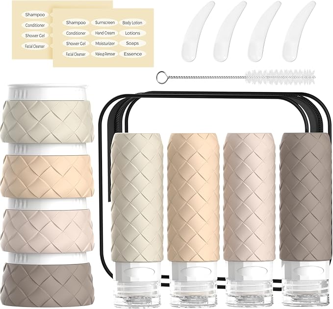 16 Pack Travel Bottles for Toiletries, TSA Approved Travel Size Toiletries Containers Set, BPA-Free Silicone Leak Proof Refillable Bottles Stackable Creams Jars Accessories Kit W/Clear Bag(Cream) by Silevoler