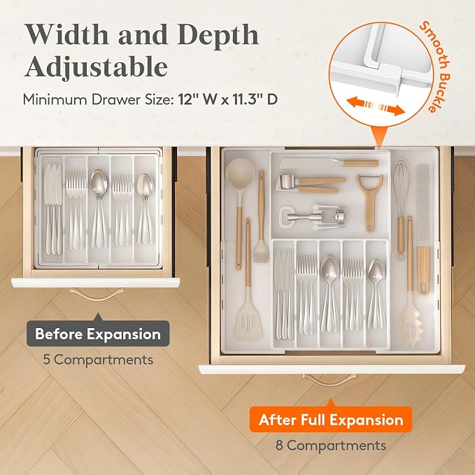 Lifewit Expandable Silverware Drawer Organizer, Utensil Tray for Kitchen | BPA Free Flatware and Cutlery Holder, Adjustable Plastic Storage for Spoons Forks Knives, 12-20.5 x 11.3-19.4 x 1.7, White - Image 6