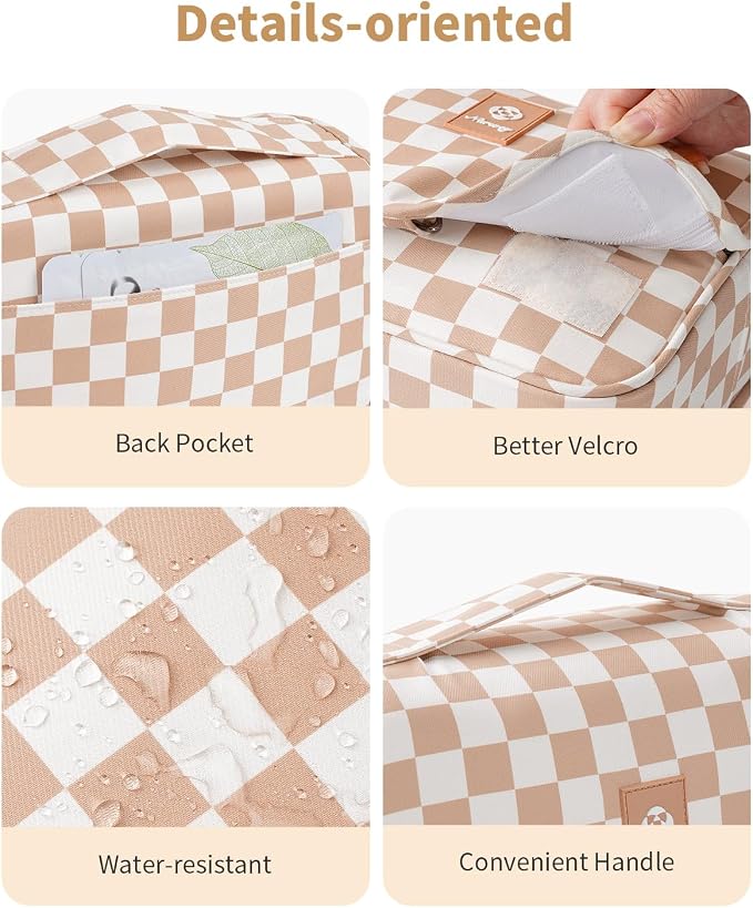 Narwey Small Hanging Travel Toiletry Bag for Traveling Women, Checkered Travel Bag for Toiletries, Makeup Bag Organizer Make Up Cosmetic Bags, Gifts for Kids Teen Girls (Light Brown Checkerboard) - Image 5