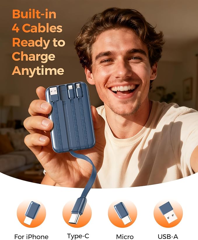 Portable Charger 10000mAh with 4 Built-in Cables 40% Smaller | Power Bank Fast Charging Battery Pack,LED Display Compact with Travel Charger for iPhone Other Devices-Navy - Image 8
