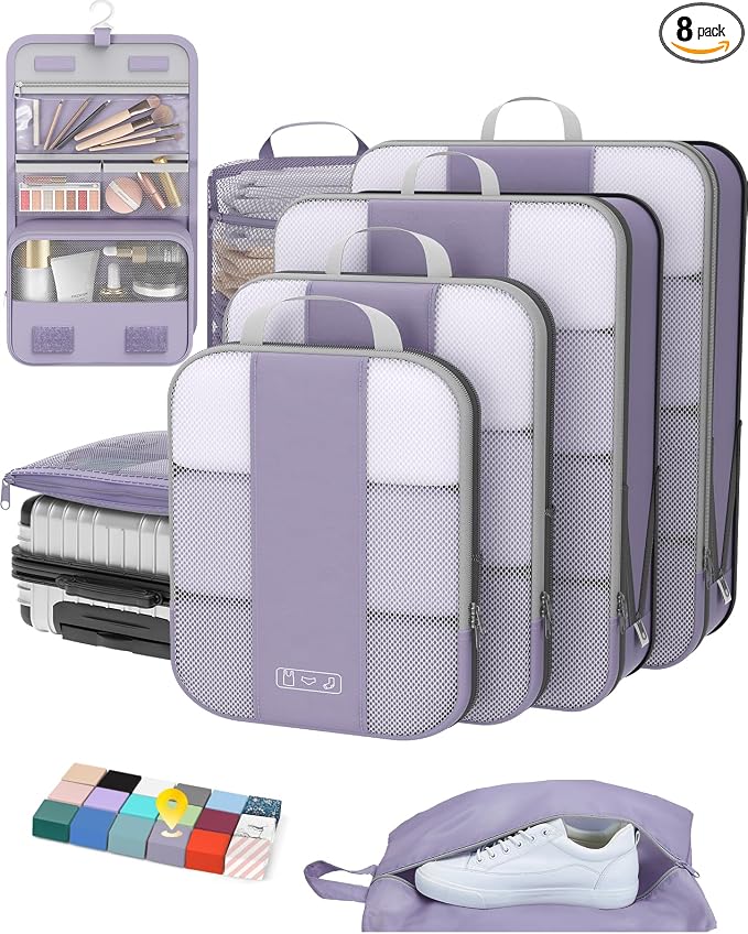 OlarHike 8 Set Compression Packing Cubes for Travel Essentials,Compressible Expandable Space Saver Bags for Organizing Clothes,Luggage Suitcase Garment Bags with Over 1000 pcs Mesh Holes(Purple Gray) by OlarHike