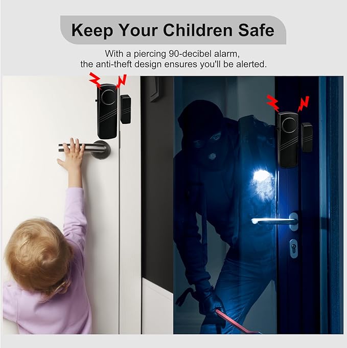Door Window Alarm - 90dB Loud Home Security Sensor for Kids Safety, Burglar Alert for House, Apartment, Office, Hotel & Pool Window, Black (6 Pack) - Image 3