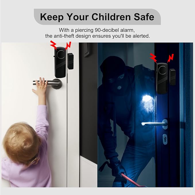 Door Window Alarm - 90dB Loud Home Security Sensor for Kids Safety, Burglar Alert for House, Apartment, Office, Hotel & Pool Window, Black (2 Pack) - Image 3