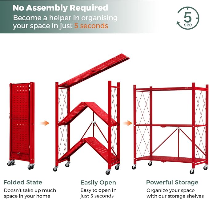 DEANIC 3 Tier Foldable Storage Shelves with Wheels, Kitchen Appliance Stand, Freestanding Metal Wire Shelf Rack, No Assembly Organizer Rolling Cart for Garage, Basement, Pantry(Red Pack of 2) - Image 5