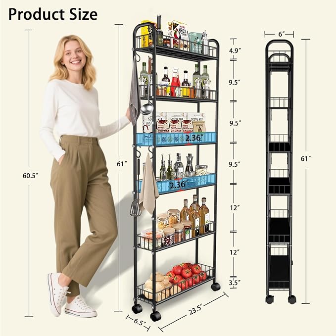 Slim Storage Cart with Wheels, Metal 6-Tier 6in Black Narrow Rolling Shelf, Sturdy Slim Storage with Hooks Ideal for Kitchen, Bathroom, and Laundry Room - Image 4