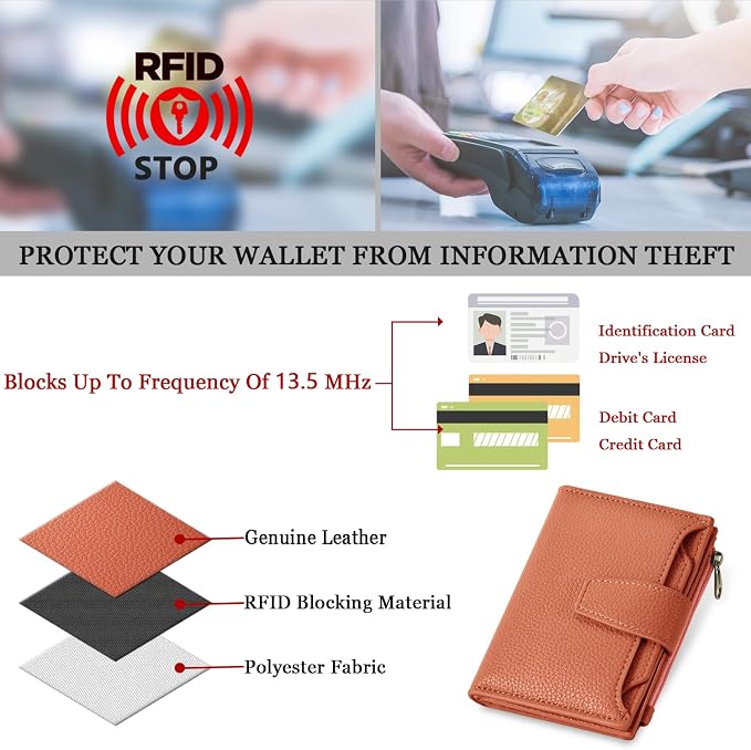 Small Wallet Women RFID Blocking Soft Leather Bifold Compact Card Holder Wallet for Women with Zipper Coin Pocket 4 ID Window - Image 6