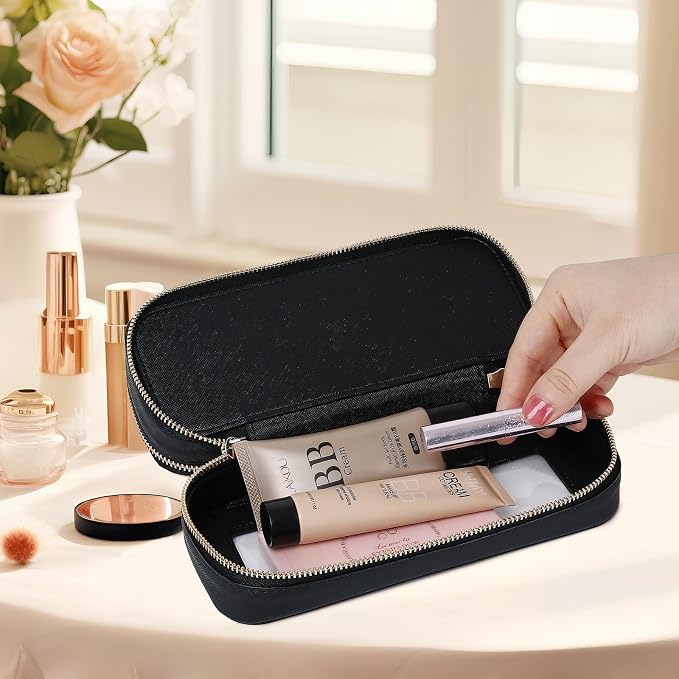 Pinkmik Double Layer Makeup Bag, Black, Double SLIM | Makeup Brush Case, Waterproof, Travel Cosmetic & Toiletry Organizer, - Image 3
