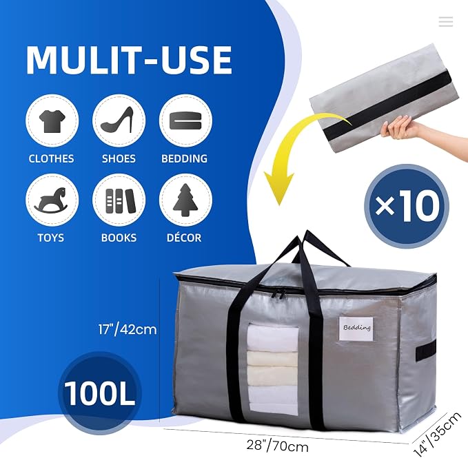 TAILI 10 Pack Silver XXL Moving Bags,Storage Bags with Visible Window | 93L Heavy Duty Totes For Home Storage,Wrap Around Handles,Alternative to Moving Boxes, College Dorm,Perfect for Moving - Image 2
