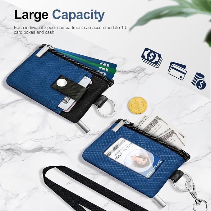 Minimalist RFID Blocking Small Wallet with ID Window,WaterResistant Zip Id Case Wallet with Lanyard Keychain for Cards,Cash,Travel,Women,Men (Electric Blue/Black) - Image 7