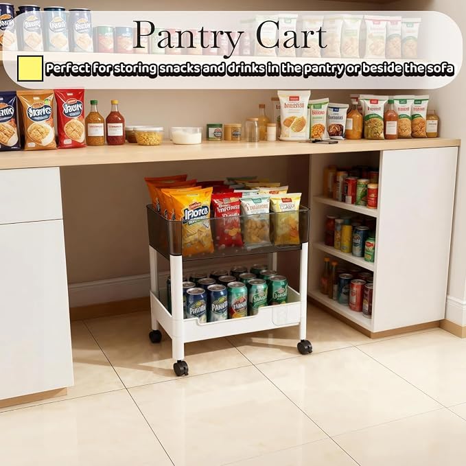 2 Tier Rolling Cart with Wheels for Under Desk Storage, Heavy Duty Plastic Short Small Utility Cart for Small Space Bathroom Vanity Makeup Organizer Pantry, 4.7'' Deep Baskets for Tall Bottles - Image 8