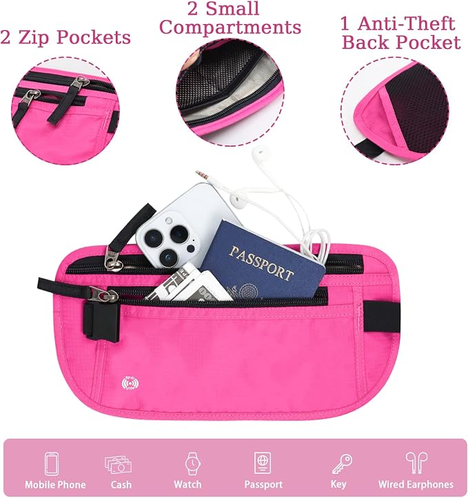 FuninCrea Waterproof Hidden Money Belt for Travel, Anti-Theft Belt Bag with RFID Blocking Function Adjustable Slim Waist Bag with 2 Zipper Pockets & 1 Back Pocket for Travel Running (B, Hot Pink) - Image 3