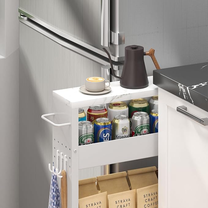 CHLORYARD Slim Storage Cart, 4-Tier Kitchen Rolling Cart Narrow Storage Cabinet with Handle & Wheels, Metal Rolling Shelf Unit for Kitchen Bathroom Laundry Small Places(5 in Width/White) - Image 4