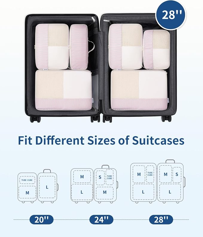 Narwey 7 Set Striped Packing Cubes for Travel Carry on Suitcase, Durable Packing Organizers Bag for Kids Women Men, Duffle Bags Backpack Travel Essentials Accessories (Dusty Pink Stripe) - Image 3